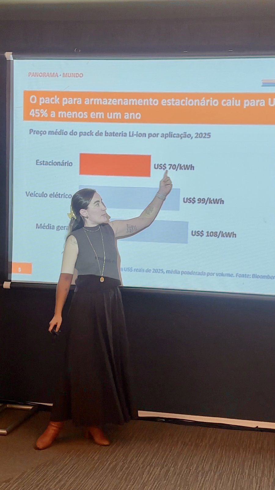 Instrutora apresentando o mercado de armazenamento em baterias